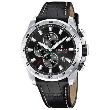 Ceas barbati -  Inox/Piele naturala - Negru