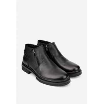 Ghete barbati din piele texturata neagra cu doua fermoare