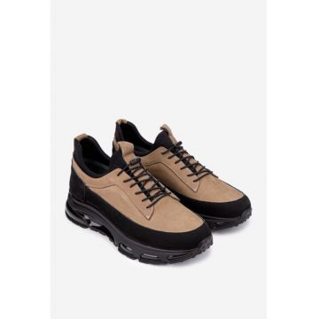 Pantofi barbati din piele taupe cu negru