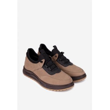 Pantofi barbati maro cu negru din piele nabuc si material textil