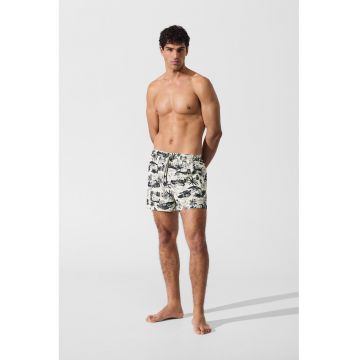Pantaloni scurti de baie cu imprimeu grafic si buzunare laterale - Negru/Alb murdar