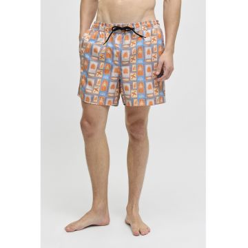Pantaloni scurti de baie cu model si buzunare - Albastru pastel/Portocaliu mandarina