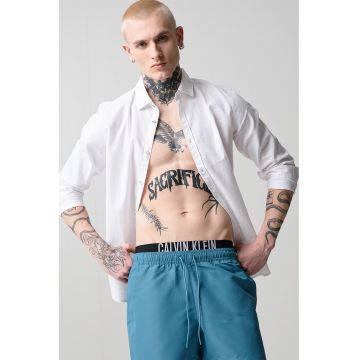 Pantaloni scurti de baie cu snur si banda logo - Verde persan