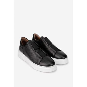 Pantofi barbati  negri din piele texturata cu elastic