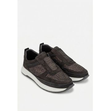 Pantofi barbati NUR din piele nabuc si croco neagra
