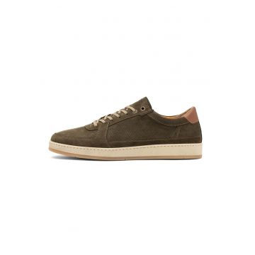 Pantofi sport din piele intoarsa cu detalii perforate - Kaki inchis