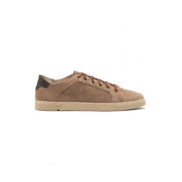 Pantofi sport din piele si piele intoarsa cu model uni - Maro deschis