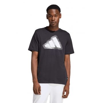 Tricou cu decolteu la baza gatului si imprimeu logo - Alb/Negru