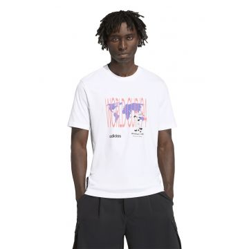 Tricou cu imprimeu si decolteu la baza gatului - Alb/Coral/Ametist