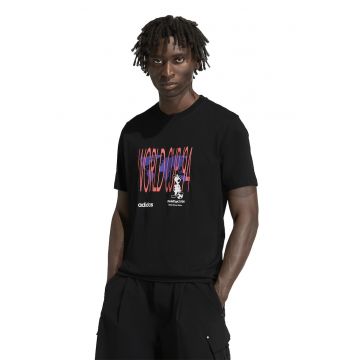 Tricou cu imprimeu si decolteu la baza gatului - Negru/Coral/Ametist