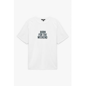 Tricou cu imprimeu text - Alb/Bleumarin