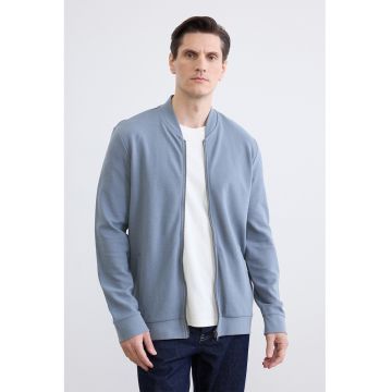 Bluza de trening cu fermoar si guler baseball - Albastru prafuit
