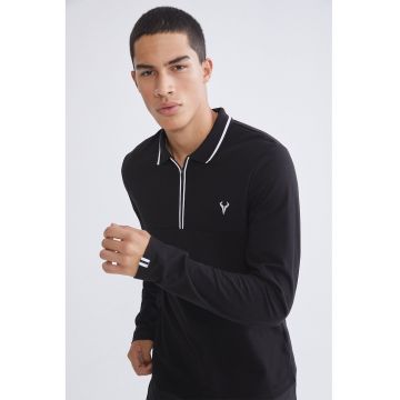 Bluza din amestec de bumbac cu guler polo - Alb/Negru