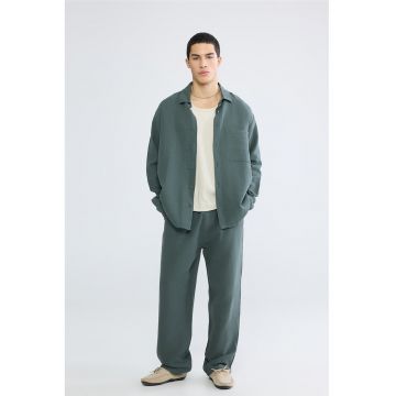 Pantaloni de bumbac cu croiala ampla si snur - Verde englez