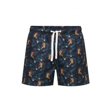 Pantaloni scurti de baie cu buzunar cu refilet pe partea din spate - Portocaliu/Bleumarin