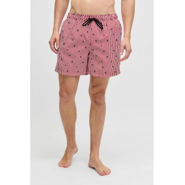Pantaloni scurti de baie cu model si buzunare - Rosu/Alb