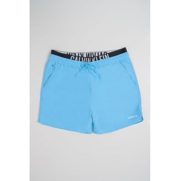 Pantaloni scurti de baie cu snur si buzunar cu fermoar pe spate - Albastru pastel