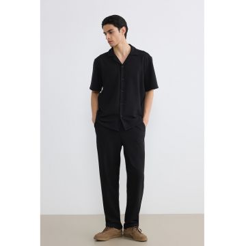Pantaloni striati cu cordon in talie - Negru
