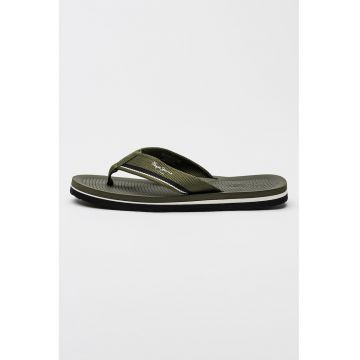 Papuci flip-flop din material textil cu logo - Alb/Negru/Kaki inchis