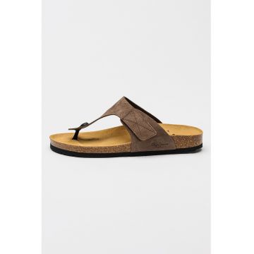 Papuci flip-flop din piele intoarsa cu velcro - Maro pamantiu