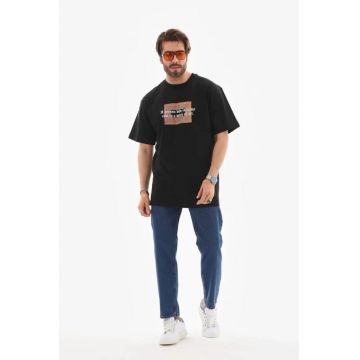 Tricou barbatesc  supradimensionat - imprimeu text - negru - bumbac - poliester - elastan