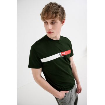 Tricou cu decolteu la baza gatului si imprimeu logo - Verde inchis