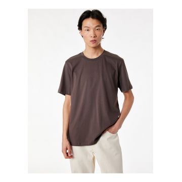 Tricou de bumbac cu decolteu la baza gatului - Maro pamantiu