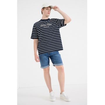 Tricou lejer din bumbac cu model in dungi - Alb/Bleumarin