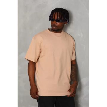 Tricou supradimensionat -  cu guler rotund - cu nervuri - roz - bumbac-poliester-elastan