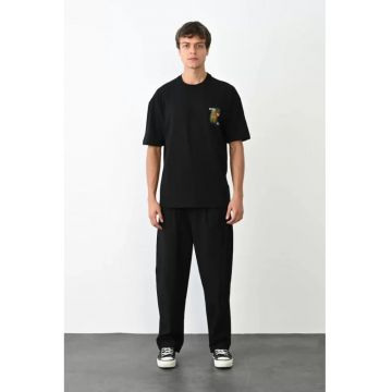 Tricou supradimensionat -  guler rotund - imprimeu - negru - bumbac-poliester-elastan