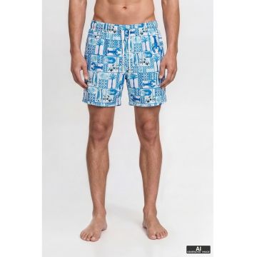 Bermude de baie cu model - Alb/Albastru pastel