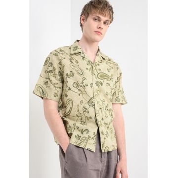 Camasa din amestec de in cu imprimeu paisley - Verde sparanghel/Verde feriga/Verde fistic