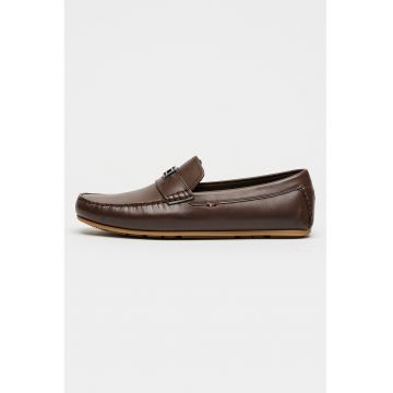 Mocasini de piele cu logo - Maro inchis