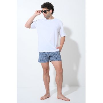 Pantaloni scurti de baie cu model si buzunare laterale - Albastru cobalt/Alb murdar
