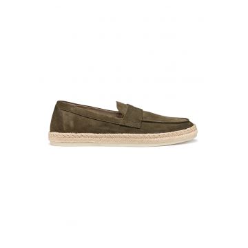 Pantofi loafer uni de piele intoarsa - Maro taupe/Crem