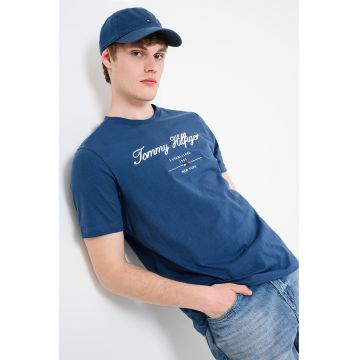 Tricou cu decolteu la baza gatului cu logo - Alb/Albastru prafuit