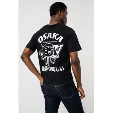 Tricou cu decolteu la baza gatului si imprimeu grafic - Alb/Negru