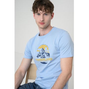 Tricou cu decolteu la baza gatului si imprimeu grafic - Albastru deschis