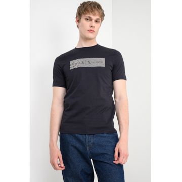 Tricou cu decolteu la baza gatului si imprimeu logo - Alb/Albastru ultramarin