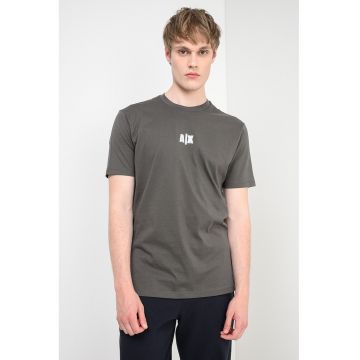 Tricou cu decolteu la baza gatului si model monograma - Kaki/Alb murdar