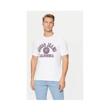 Tricou cu imprimeu pe piept si decolteu la baza-gatului - Alb