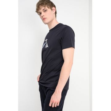Tricou de bumbac cu imprimeu - Negru/Alb murdar/Bleumarin