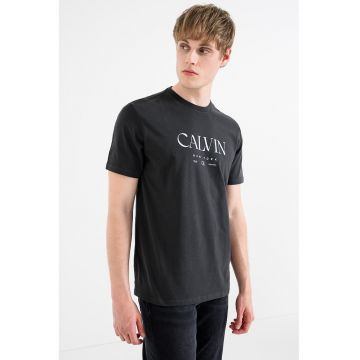 Tricou de bumbac cu logo - Albastru deschis/Gri inchis