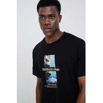 Tricou din amestec de bumbac organic cu imprimeu foto - Negru