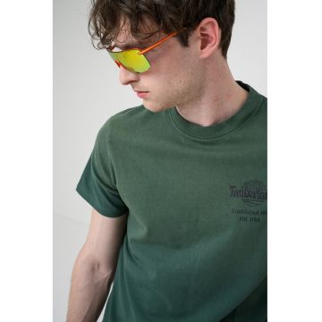 Tricou din bumbac cu decolteu la baza gatului si imprimeu - Verde englez