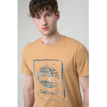 Tricou din bumbac cu imprimeu grafic si logo - Caramel