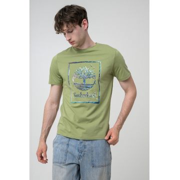 Tricou din bumbac cu imprimeu grafic si logo - Verde deschis