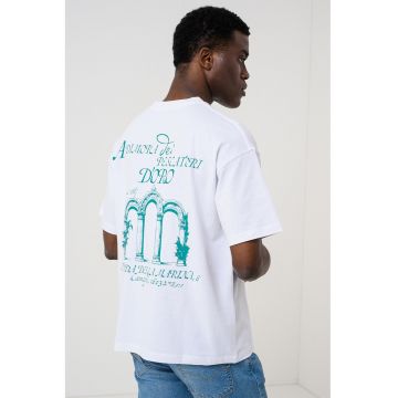 Tricou din bumbac organic cu imprimeu pe partea din spate - Verde/Alb optic