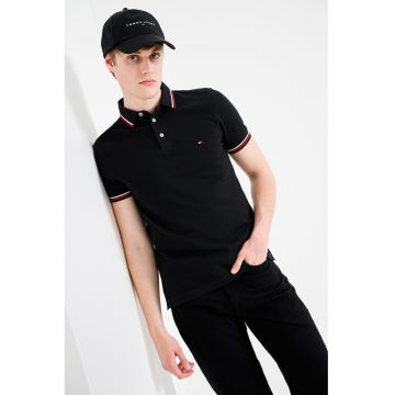 Tricou polo slim fit cu garnituri contrastante - Negru