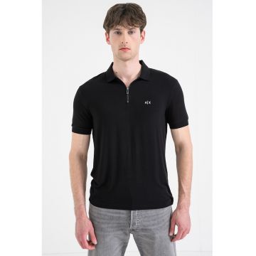 Tricou slim fit cu fenta cu fermoar - Negru